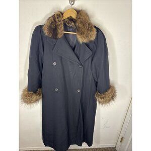 Vintage 80s Women’s L Black Wool Coat Real Fur Collar Cuffs Shoulder Pads